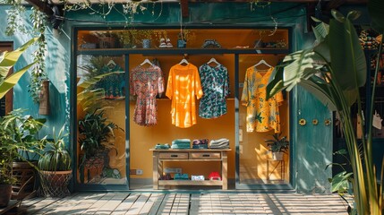Showcase of a fashion boutique with summer collections of clothes made in eco-style and bright colors