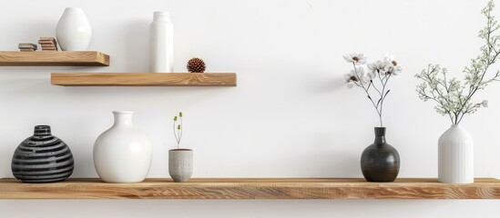 Aufkleber - Tabletop wooden shelves displaying collectibles, all alone against a white backdrop with a clipping path included for a copy space image.