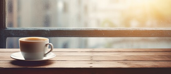 Aufkleber - A single cup of coffee on a wooden table, positioned close to a window with empty space for an image.