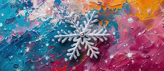 Canvas Print - Snowflake winter ornament viewed from above on a colorful backdrop, conveying a Happy New Year theme with room for your own image.