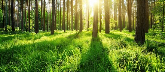 Canvas Print - In a serene forest setting, lush green grasses complement the tall pine trees with a backdrop ideal for a copy space image.