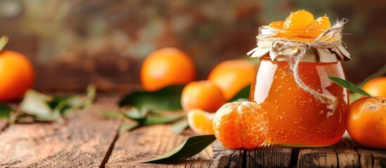 Sticker - Rustic background featuring homemade tangerine fruit preserve with copy space image.