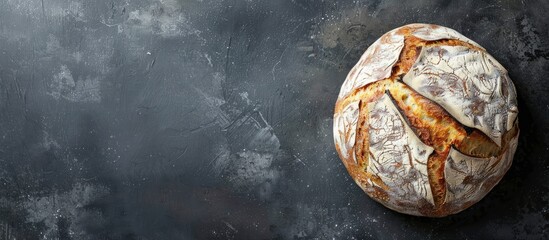 Poster - Copy space image featuring homemade whole grain sourdough bread against a dark backdrop in a close-up shot.