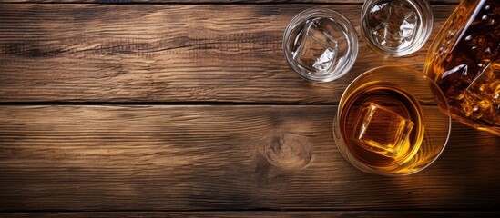 Sticker - Top-down view of a delicious whiskey arrangement displayed on a wooden surface, with a provision for text in the image