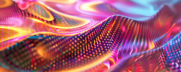 Poster - Abstract iridescent background design, 3d render, showcasing an intricate, fractal design. The iridescent surfaces shimmer with a rainbow of colors, creating a hypnotic and complex visual effect.