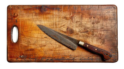 Wall Mural - Vintage wooden cutting board with knife marks and traditional knife isolated on white background