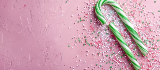 Aufkleber - Green and white candy cane for Christmas displayed on a pink backdrop with ample copy space image available.