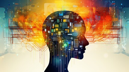 Wall Mural - Abstract artwork of human head silhouette with circuit board design