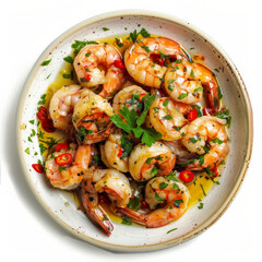 Wall Mural - A plate of Spanish gambas al ajillo, sizzling shrimp cooked with garlic, chili peppers, and olive oil, garnished with parsley, isolated on white background.