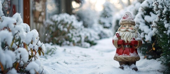 Leinwandbilder - A ceramic figurine of St. Klaus in a snowy garden beside a house, offering a serene copy space image.