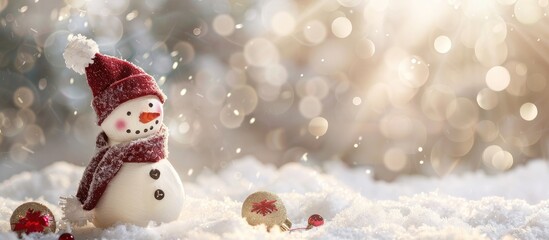 Aufkleber - White Christmas themed snowman decoration against a wintry snow backdrop with copy space image.