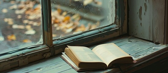Poster - An open notebook with a copy space image lies on the window sill.