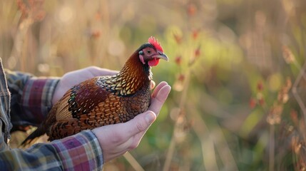 a man gently holding a golden pheasant