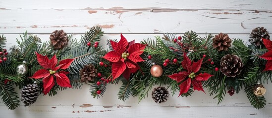 Poster - A festive arrangement for Christmas and New Year displayed on a white wooden backdrop with room for text in the image.