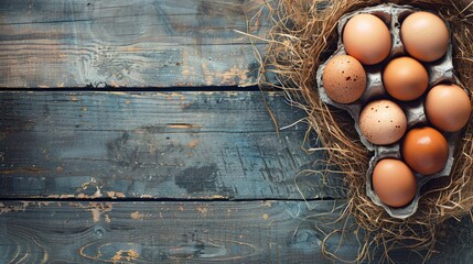 Poster - Vintage background with fresh eggs on wooden surface