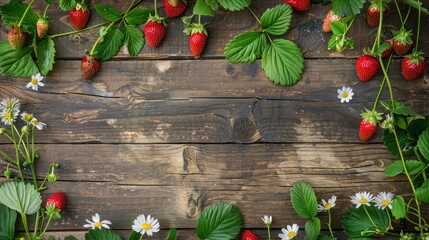 Poster - Wild strawberry foliage and flowers on wooden backdrop with space for text