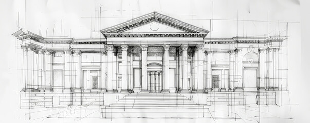 an architectural sketch of a neoclassical government building, with tall columns, a grand staircase,