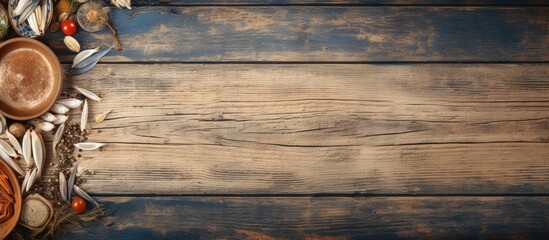 Poster - A rustic top-view background featuring a meal with herring slices on a table, creating a food setting with ample copy space for an image.