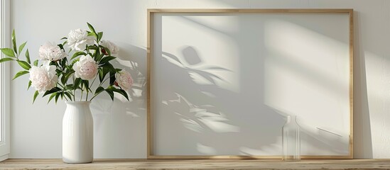 Poster - Mockup of a landscape frame on a white wall with a vase of peony flowers, creating a desirable copy space image.
