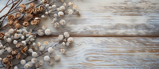 Leinwandbilder - Wooden textured dried flowers and buds with a blank space for image insertion.