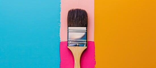 Aufkleber - Top view of a paintbrush placed on a vibrant blue, pink, and yellow background perfect for a colourful wallpaper with copy space image.