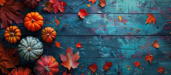 Poster - A fall-themed setting with colorful leaves and pumpkins on a wooden surface, suitable for adding text or other visuals in the copy space image.