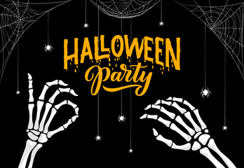 Canvas Print - Halloween party banner with skeleton hands, spiders and cobweb. Vector background with bony arms reach out, spiders hang down eerie webs creating spine-tingling scene that sends shivers down the spine