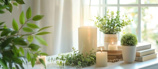 Aufkleber - Table with green houseplants, books, and aroma candles against a light background, suitable for a copy space image.