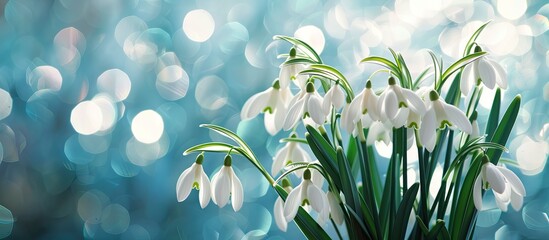 Wall Mural - Snowdrops bouquet on a sparkling bokeh background with copy space image.