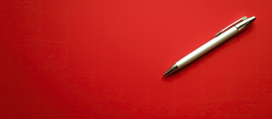 Poster - A white sheet with a pen for writing on a red backdrop with space for text or design.