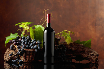 Poster - Bottle of red wine with blue grapes and vine branches.