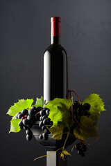 Poster - Red wine with blue grapes and vine branches.