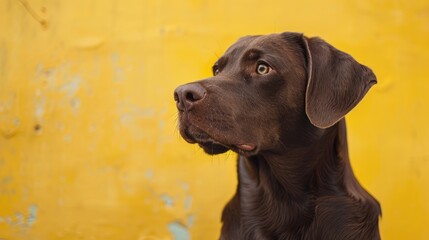 Poster - Brown dog portrait against yellow wall with focused subject