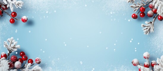 Aufkleber - A festive winter scene with a snowflake and red berry frame on a soft blue backdrop, symbolizing Christmas and New Year. View from above with space for text or images