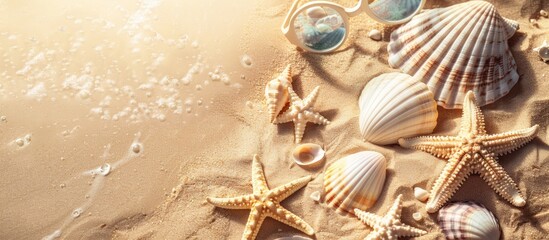 Poster - A summer-themed image of sandy beach with seashells, starfish, and sunglasses, ideal for summer vacation concepts.