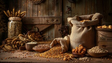 Wall Mural - Assortment of grains and seeds in rustic setting