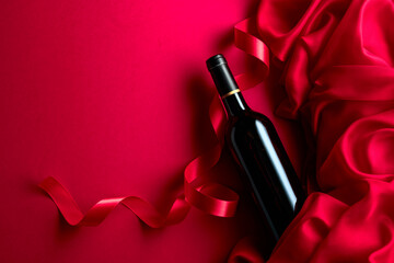 Poster - Bottle of red wine on a red background.