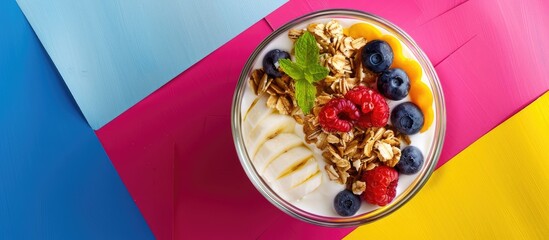 Sticker - Granola and yogurt in a bowl on a colorful backdrop, with space for adding your own image.