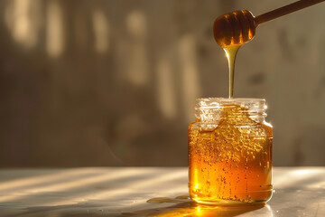 Poster - Fresh Golden Honey Dripping into Glass Jar in Natural Light