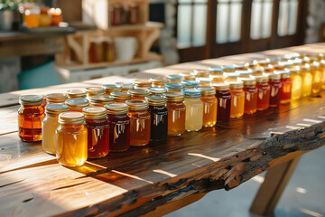 Canvas Print - Assorted Honey Jars on Wooden Table Captured in Soft Morning Light