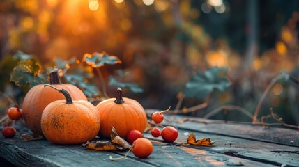 Autumn background with table decorated with pumpkins