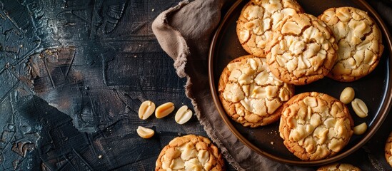 Sticker - An aerial shot of white chocolate macadamia nut cookies with a copy space image.