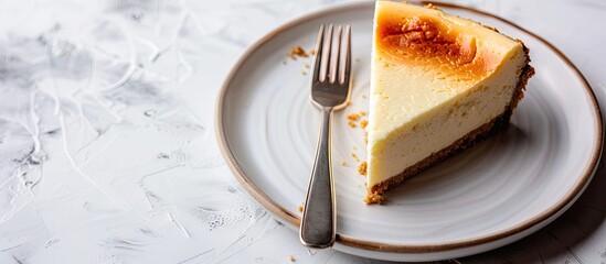 Poster - A plate with a slice of cheesecake, a fork, on a light background with copy space image.