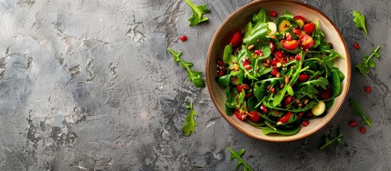 Sticker - Top view of a fresh salad bowl on a stone surface, with room for additional text or images in the frame.