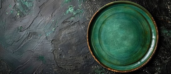 Aufkleber - Top view of an empty classic green plate on a dark rough table surface with ample copy space for menu or recipe backgrounds, enhancing a rustic table setting.
