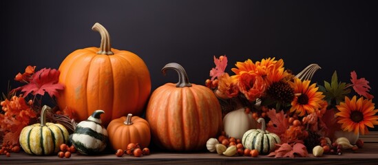 Aufkleber - Thanksgiving and Halloween themed autumn decorations featuring pumpkins, flowers, fall leaves, and a copy space image.