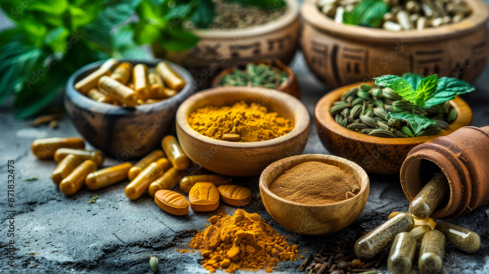 Variety of herbs and spices aid digestion with natural remedies and ...