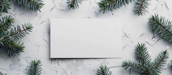 Fototapete - Christmas tree branches on a blank business card create a New Year celebration concept with a side view in a minimalist mockup, ideal for event invitations or advertising with copy space image.