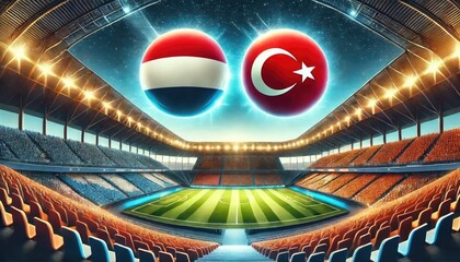 Wall Mural - Netherlands vs Turkey football match, Dutch flag, Turkish flag, stadium, Euro 2024, UEFA European Football Championship 2024, 1/4 finals