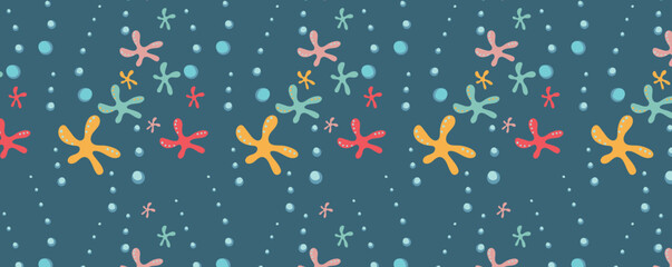 Wall Mural - Undersea world. Abstract drawing of starfish underwater. Vector Pattern with bubbles and sea inhabitants of the underwater depths.  Seamless pattern for fabric, textile, wallpaper, cards.